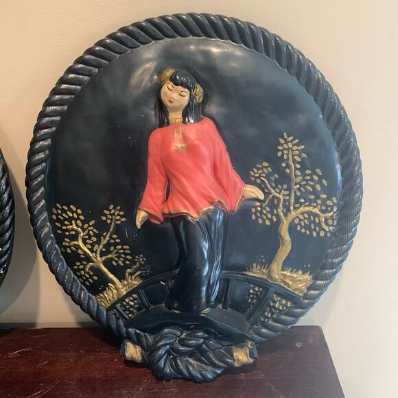 Vintage‎ MCM Mid Century Chalkware Asian Man Woman large 3D Wall Hanging Set - Picture 3 of 9